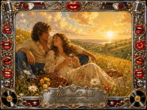 A joyful couple relaxes in a wildflower meadow beneath a glowing golden afternoon sky, creating a warm, romantic 1970s mood. Soft painterly textures, rolling hills, daisies, and radiant sunlight surround them. An ornate chrome-and-gold musical frame features red lips, microphones, records, stars, and an engraved title plate.