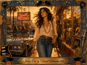 A confident woman in high-waisted blue jeans strolls past a glowing 1970s record store at sunset, framed by a vintage convertible and warm street reflections. Golden amber light, denim blues, chrome accents, and ornate musical details create a nostalgic, cinematic mood, enhanced by an elaborate rock-inspired border and engraved title plate.