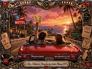 A red convertible carries a carefree couple along a palm-lined coastal highway toward a glowing tropical sunset, one traveler raising two vintage tickets overhead. Warm orange, pink, and gold light creates a romantic, adventurous mood. An ornate chrome-and-gold rock-themed frame surrounds the cinematic digital painting with guitars, records, microphones, tickets, and engraved title plate.