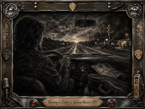 A lone driver pushes along an empty highway beneath a brooding charcoal sky, surrounded by the weary atmosphere of life on the road. Smoky blacks and grays contrast with faint amber roadside lights. A guitar case, map, near-empty fuel gauge, and ornate chrome-and-gold musical frame deepen the reflective, restless mood.