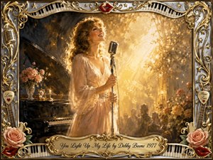 A radiant singer stands beside a grand piano, bathed in warm golden light that fills the intimate stage with hope and romance. Soft creams, amber, blush pinks, and deep shadows create a nostalgic oil-painted glow. An ornate gold-and-chrome musical frame features piano keys, roses, stars, microphones, red lips, and an engraved title plate.