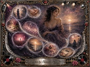 A wistful woman sits against a glowing twilight seascape, surrounded by feathered memory bubbles flowing in an S-curve. Roses, clasped hands, music, stage lights, and handwritten keepsakes evoke longing and romance. Smoky purples, rose, silver, and amber create a dreamy mixed-media atmosphere within an ornate music-themed frame.