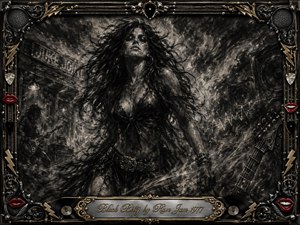 A fierce woman strides through a smoky juke-joint scene, her wild hair and dark clothing rendered in deep feathered charcoal. High-contrast blacks, grays, and metallic highlights create raw rock energy, while guitars, speakers, sound waves, red lips, gold accents, and an ornate music-themed frame surround the engraved title plate.