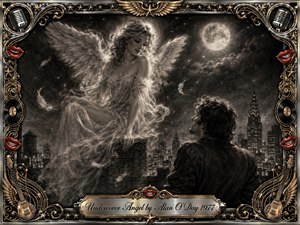 A luminous winged woman appears above a moonlit city rooftop while a solitary man gazes upward in wonder. Deep feathered charcoal textures create a dreamy, romantic atmosphere of smoky blacks, silver highlights, and glowing moonlight. An ornate chrome-and-gold musical frame, accented with red lips, microphones, records, guitars, stars, and wings, surrounds the scene.