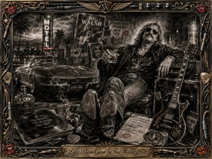 A relaxed rock star lounges amid guitars, amplifiers, vinyl records, road cases, and a sleek convertible against a smoky nighttime motel backdrop. Deep feathered charcoal creates dramatic shadows and gritty texture, accented by chrome, gold, and vivid red lips. An ornate musical frame and engraved title plate complete the nostalgic, rebellious composition.