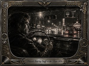 A solitary driver grips the wheel of a vintage car, navigating a rain-soaked city highway at night. Deep feathered charcoal textures, smoky blacks, silver highlights, glowing signs, and wet-road reflections create a cinematic, introspective mood. An ornate chrome-and-gold musical frame surrounds the scene, finished with an engraved title plate.