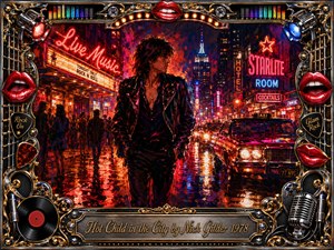 A glamorous young rocker strides through a rain-slicked neon city at night, surrounded by glowing marquees, taxis, crowds, and vivid reflections. Saturated reds, oranges, blues, and magentas create an electric late-1970s mood. The painterly scene is enclosed by an ornate chrome-and-gold musical frame with lips, records, lights, and an engraved title plate.