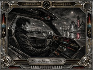 A solitary driver sits inside a sleek retro-futuristic car, surrounded by angular controls and glowing instruments as rain-darkened city streets stretch beyond the windshield. Deep feathered charcoal textures create a cold, isolated mood, accented by red, amber, blue, chrome, and gold. An ornate mechanical frame and engraved title plate complete the cinematic composition.