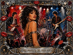 A glamorous dark-haired woman dominates a pulsing late-1970s rock concert, surrounded by guitarists, drummer, microphone, cheering silhouettes, and a spinning vinyl record. Fiery reds, electric blues, chrome, and gold glow under dramatic stage lights. Energetic painterly strokes, glossy textures, ornate musical hardware, red lips, and the engraved title frame complete the exuberant composition.