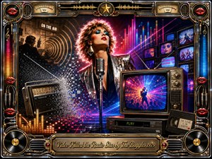 A glamorous retro pop singer stands between fading radio technology and glowing television screens, symbolizing medias dramatic transformation. Neon blues, magentas, reds, chrome, and amber light create an energetic, nostalgic atmosphere. Vintage microphones, radios, televisions, pixels, VU meters, records, and ornate metallic framing give the richly detailed digital artwork a cinematic late-1970s style.