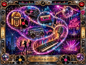 A vibrant retro-futuristic pop-music dreamscape swirls through glowing S-curved bubbles filled with vinyl records, turntables, cassette tapes, a boombox, microphone, synthesizer, disco ball, dancers, and neon city lights. Electric pink, blue, purple, and gold illumination creates exuberant energy, framed by ornate chrome, gold filigree, records, lips, meters, and the engraved title plate.