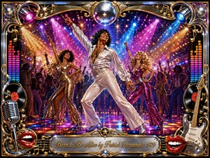 A jubilant disco dancer commands a glowing 1970s dance floor beneath a sparkling mirror ball, surrounded by glamorous dancers, confetti, and cheering silhouettes. Electric pink, blue, purple, gold, and silver lights create a radiant cinematic atmosphere. An ornate chrome-and-gold musical frame, records, microphone, guitar, red lips, and engraved title plate complete the exuberant digital painting.