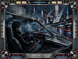 A solitary driver sits inside a futuristic car, cruising through a rain-slicked neon city of towering steel architecture. Cold blues, charcoal blacks, chrome, and sharp red accents create an isolated, mechanical mood. Expressive painted textures contrast with glowing dashboard lights, while the elaborate metallic frame features speakers, meters, keyboards, and a polished title plate.