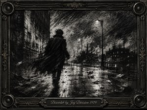 A solitary figure moves through a rain-soaked industrial street beneath harsh lamps, surrounded by factories, smoke, and scattered debris. Deep feathered charcoal textures create a restless, turbulent mood in stark black, gray, and white. An ornate dark metallic frame with speaker details and engraved title plate reinforces the music-driven atmosphere.
