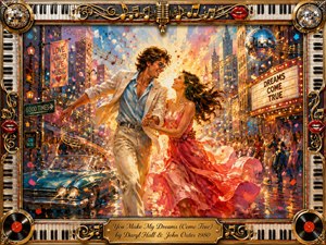 A joyful couple dances through a vibrant city street beneath glowing marquee lights, swirling confetti, and a sparkling disco ball. Warm gold, coral, blue, and cream tones radiate optimism and romance. Expressive painterly brushwork, musical-note flourishes, a vintage convertible, and an ornate piano-themed frame create exuberant 1980s pop energy.