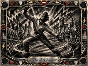 A dynamic charcoal figure swings a looping cable through a surreal industrial landscape of machinery, lightning shapes, and rhythmic geometry. Deep blacks, smoky grays, chrome, gold, and vivid red accents create a tense retro-futurist mood. An ornate musical frame surrounds the scene, with lips, guitar picks, speakers, and an engraved title plate.