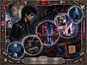 A brooding new-wave musician stands amid a layered 1980s dreamscape, where glowing bubbles curve through neon streets, vinyl records, cassette tapes, concert scenes, and solitary reflections. Deep blues, black, crimson, chrome, and gold create a dramatic mood, while cinematic lighting, collage textures, musical motifs, and an ornate frame add restless energy.