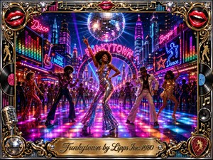 A radiant disco city pulses beneath a giant mirror ball, with glamorous dancers commanding a glowing multicolored floor. Neon signs, skyscrapers, equalizer lights, and sparkling reflections create an exuberant nightlife mood. Saturated pinks, blues, purples, gold, and chrome frame the vivid digital painting, finished with ornate musical details and a polished title plate.