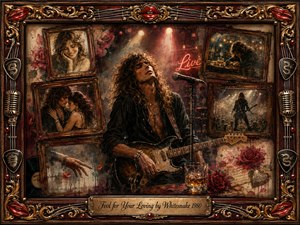 A long-haired rock guitarist stands beneath smoky amber stage lights, surrounded by ornate rosewood frames holding faded romantic memories of love, loneliness, and performance. Deep burgundy, black, gold, and crimson tones create a bittersweet atmosphere. Mixed oil, acrylic, and watercolor textures blend with roses, microphones, guitar strings, red lips, and an engraved title plate.
