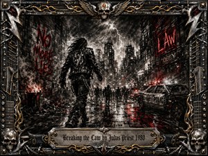 A lone leather-clad rebel strides through a rain-soaked city beneath jagged lightning, police lights, smoke, and glowing red graffiti. Deep charcoal textures, metallic highlights, and crimson reflections create a fierce, defiant heavy-metal mood. An ornate chrome-and-gold frame of skulls, chains, guitar hardware, and studs surrounds the dramatic scene.