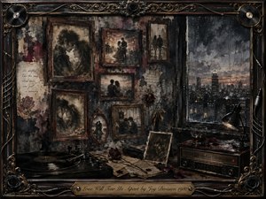 A rain-darkened room holds a haunting collage of framed lovers, wilted roses, handwritten memories, and faded photographs beside a glowing city window. Deep charcoal, sepia, black, and muted amber tones create a melancholic atmosphere. Painterly textures, vinyl records, vintage radio equipment, and ornate metallic framing evoke love, distance, and irreversible loss.