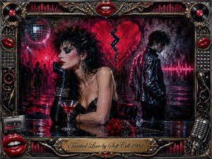 A glamorous woman sits alone in a smoky 1980s nightclub while a distant man turns away beneath a shattered red heart. Crimson, black, silver, and neon highlights create a tense, melancholic mood. Acrylic-style textures, a disco ball, cocktail, rose, sound waves, and ornate music-themed framing reinforce the atmosphere of seductive heartbreak.