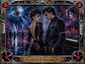 A glamorous couple stands face-to-face in a neon-lit 1980s nightclub, surrounded by dancers, keyboards, mirrored disco lights, and glowing equalizer bars. Deep blues, magentas, black, chrome, and gold create a seductive, electric mood. Painterly textures, sweeping light trails, vinyl records, red lips, and an ornate musical frame complete the scene.