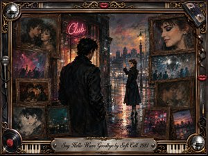A rain-soaked neon city frames a bittersweet farewell as two figures part beneath glowing streetlights. Surrounding rosewood portraits capture fading moments of intimacy, nightlife, and solitude. Rich blacks, crimson, gold, and electric blue reflections create a nostalgic oil-painted atmosphere, bordered by ornate musical details and vintage memorabilia.