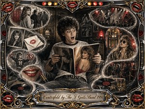 A surprised young man studies a glamorous magazine centerfold amid nostalgic rock-and-roll memories, surrounded by portraits, school scenes, a jukebox, records, stage performances, and vivid red lips. Deep charcoal textures, warm gold chrome, smoky shadows, and glowing highlights create a playful, dramatic 1980s atmosphere within an ornate musical frame.