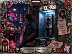 A neon-soaked 1980s city street centers on a glowing payphone and a wistful young man, surrounded by wet pavement, diner lights, cassette tapes, lipstick notes, and rock memorabilia. Electric pinks, blues, chrome, and gold create a playful romantic mood, framed by ornate musical details and a polished engraved title plate.
