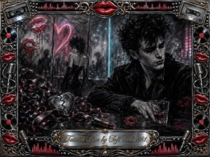 A brooding young man sits at a shadowy nightclub bar while a distant woman turns away beneath glowing neon. Deep charcoal textures, smoky blacks, silver grays, crimson lipstick marks, and icy cyan highlights create a tense, wounded mood. A cracked heart, tangled ribbons, records, cassettes, microphones, and ornate chrome-gold framing reinforce the dark synth-pop romance.