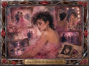 A wistful woman in a flowing pink dress sits amid layered vintage memories of dancing, mirrors, city nights, photographs, and roses. Soft blush, mauve, burgundy, and sepia tones glow under warm theatrical light. Painterly textures and faded collage effects create romantic melancholy, framed by ornate chrome, gold filigree, red lips, and roses.