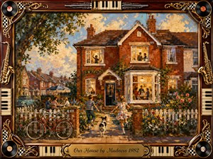 A warmly nostalgic suburban home glows beneath a soft blue-and-gold evening sky, alive with family activity, children, bicycles, flowers, and neighbors. Rich oil-paint textures create cheerful movement and intimacy. A polished rosewood musical frame, decorated with records, keyboards, saxophones, and gold inlay, surrounds the affectionate domestic scene.