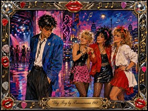 A bashful young man stands beside a neon-lit nightclub while three stylish women smile and tease him playfully. Saturated pink, blue, red, and gold tones glow across wet streets and dancing lights. Expressive acrylic brushwork creates lively 1980s energy, framed by chrome, musical notes, guitar picks, disco balls, and bright red lips.