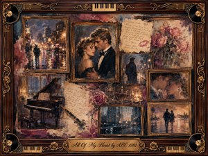 A nostalgic romantic collage fills an ornate rosewood-and-gold frame, blending rain-soaked city scenes, embracing couples, roses, handwritten letters, piano imagery, and vintage photographs. Warm amber lighting contrasts with deep burgundy, blue, and sepia tones. Painterly textures, reflective streets, and fading memories create an elegant, wistful atmosphere of enduring love.