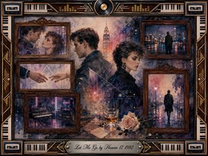 A melancholic couple stands back-to-back amid layered urban memories, surrounded by rosewood-framed scenes of romance, separation, rain-soaked streets, and vintage synthesizers. Muted blues, mauves, amber, and sepia glow under soft cinematic light. Watercolor, acrylic, and oil textures blend with geometric accents, cassette tapes, piano keys, and an engraved title plate.