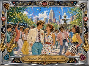 A jubilant 1980s city-park celebration fills the scene, with stylish young dancers, saxophones, confetti, a sparkling fountain, and bright skyline beneath a vivid blue sky. Warm sunlight, saturated pastels, and energetic painterly brushwork create carefree optimism. Chrome, gold musical details and colorful guitar picks frame the festive composition.