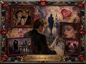 A brooding romantic collage unfolds beneath rain-soaked city lights, centered on a solitary man surrounded by framed memories of love and separation. Deep burgundy, black, gold, and muted violet tones create a luxurious melancholy. Painterly textures, vintage portraits, pierced-heart imagery, glossy red lips, and ornate metallic framing evoke dramatic 1980s elegance.