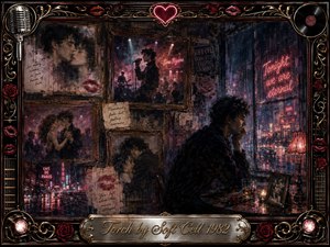 A solitary dark-haired figure sits beside a rain-streaked neon window, surrounded by faded framed memories of romance, performance, and city nights. Deep burgundy, black, gold, and crimson tones create a melancholic synth-pop mood. Painterly textures, glowing signs, roses, vinyl, microphones, and ornate metallic framing enhance the nostalgic atmosphere.