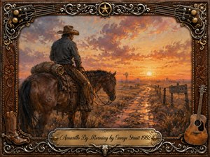 A lone cowboy rides across the open Texas plains toward a glowing Amarillo sunrise, creating a wistful mood of endurance and quiet hope. Warm gold, orange, rose, and dusty blue tones illuminate the textured painterly landscape. An ornate Western frame features leather, metalwork, guitar strings, boots, and an engraved title plate.