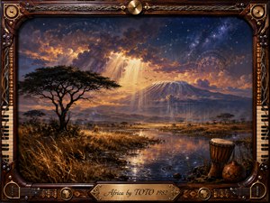 A sweeping African savanna glows beneath storm-lit skies, with an acacia tree, distant mountain, rain shafts, and reflective water creating a mood of wonder and longing. Warm golds blend into deep indigo and starlight, while subtle musical symbols, drum motifs, and an ornate wood-and-brass frame enrich the painterly composition.