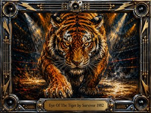 A fierce tiger strides forward through a smoky, spotlighted arena, radiating determination, courage, and controlled power. Fiery oranges, amber gold, black, and steel blue create dramatic contrast beneath intense stage lighting. Thick, expressive paint textures enhance the energetic composition, surrounded by an ornate chrome-and-gold rock-inspired frame with speakers, strings, lightning motifs, and an engraved title plate.