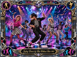 A vibrant 1980s dance party bursts across a checkerboard floor, where stylish dancers move beneath a glittering disco ball and colorful stage lights. Neon pink, blue, purple, and gold create an energetic, celebratory mood. The detailed digital painting is enclosed by an ornate chrome-and-gold music-themed frame with retro motifs.