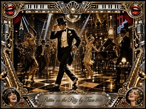 A suave tuxedoed dancer tips his top hat across a gleaming Art Deco ballroom, surrounded by flapper dancers, saxophone music, piano, and glittering nightlife. Rich black, gold, chrome, and crimson tones glow beneath dramatic spotlights and mirror-ball reflections, while the ornate musical frame and engraved title plate heighten the glamorous theatrical mood.