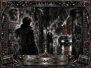 A shadowy figure watches a rain-soaked 1980s city street beneath surveillance cameras, neon signs, drifting mist, and glowing headlights. Deep feathered charcoal textures create a tense noir mood, accented by crimson highlights and metallic reflections. An ornate chrome-and-gold music-themed frame surrounds the scene, with cassettes, cables, lips, and an engraved title plate.