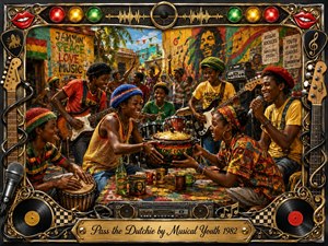 A joyful reggae street gathering fills a sunlit tropical courtyard, where young musicians play guitar, bass, drums, and sing while friends pass a colorful cooking pot. Warm reds, greens, golds, and turquoise glow throughout the richly detailed digital painting, framed by chrome, vinyl records, instruments, lights, cables, and an engraved title plate.