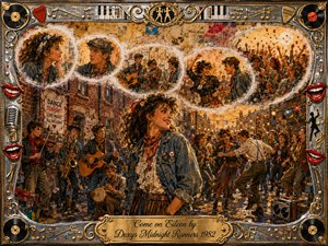 A vibrant mixed-media street celebration unfolds around a confident young woman in denim, surrounded by musicians, dancers, and cheering crowds. Feathered memory bubbles sweep across the warm brick setting in an S-curve. Golden amber light, rich reds, blues, chrome, and ornate musical framing create joyful, nostalgic 1980s energy.