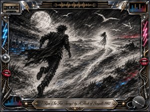 A lone figure races across a windswept charcoal landscape toward an ethereal woman beneath a glowing moon and circling seabirds. Smoky blacks, silvery grays, electric blue, and crimson accents create a haunting new-wave atmosphere. An ornate chrome-and-gold music-themed frame, neon details, and engraved title plate complete the dramatic composition.