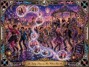 A vibrant 1980s-inspired village festival bursts with dancers, musicians, glowing lanterns, and swirling feathered bubbles arranged in an S-curve. Rich purples, blues, pinks, and golds glow beneath twilight skies. Detailed painterly textures, neon accents, disco motifs, ornate musical framing, and the engraved title plate create a joyful, theatrical celebration.