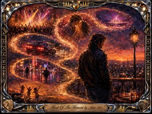 A reflective man overlooks a glowing city at sunset as sweeping golden memory trails curve around him, revealing concerts, romance, a speeding car, neon streets, and youthful celebration. Fiery oranges, crimson, violet, and midnight blue create a nostalgic, electric mood. Ornate chrome-and-gold musical framing completes the richly textured painterly composition.